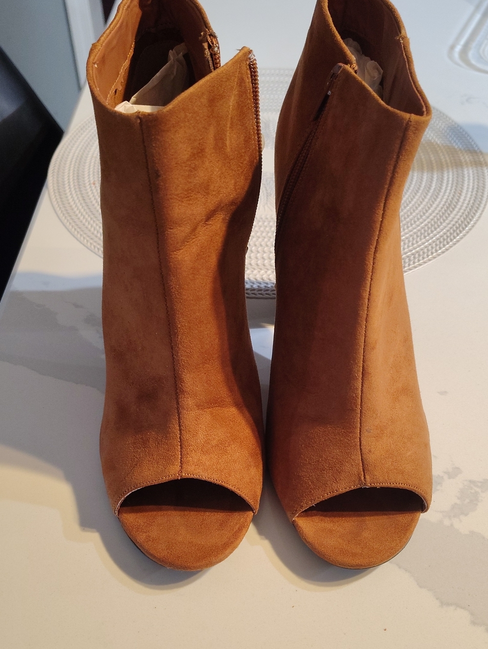 BAMBOO Tan Suede Peep-Toe Ankle Booties